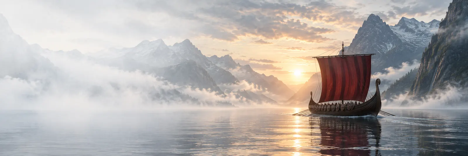 A Viking longship with a crimson sail crosses a calm, misty fjord at sunrise.