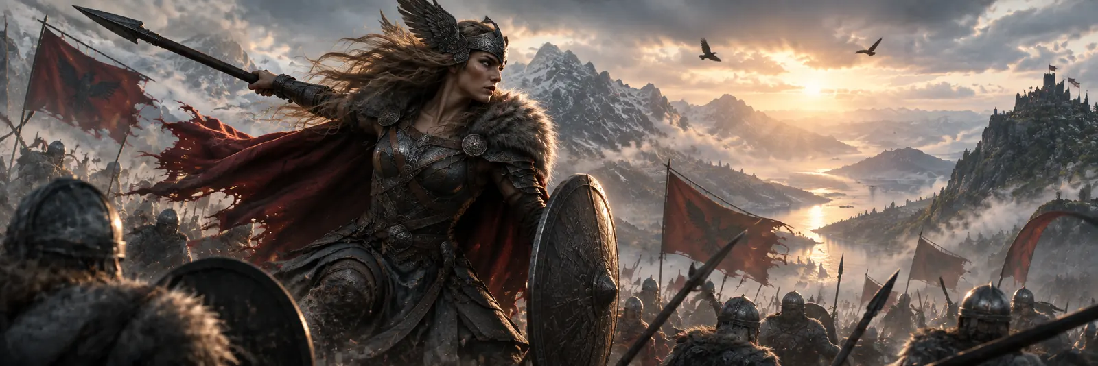 A Valkyrie in winged helm and crimson cloak charges forward with spear and shield, leading warriors above a misty fjord at sunrise.