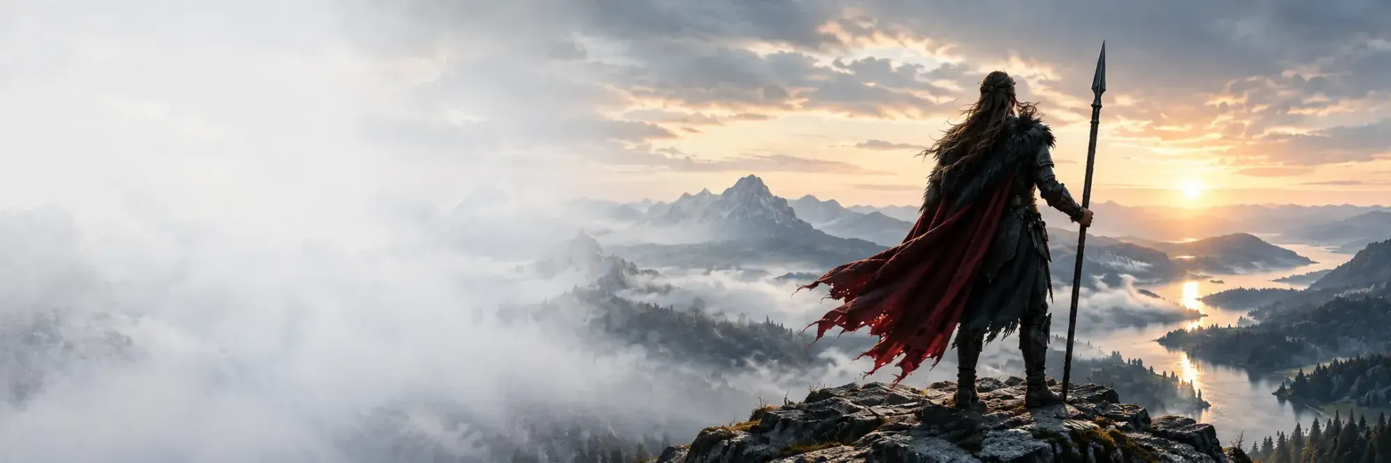 A cloaked warrior with a spear stands on a rocky overlook above misty mountains and a fjord at sunrise.