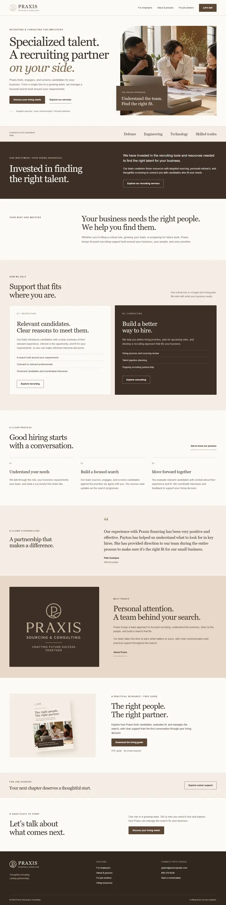 The full Praxis Sourcing & Consulting homepage, from the “Specialized talent” headline through services, process, a client quote and the contact section.