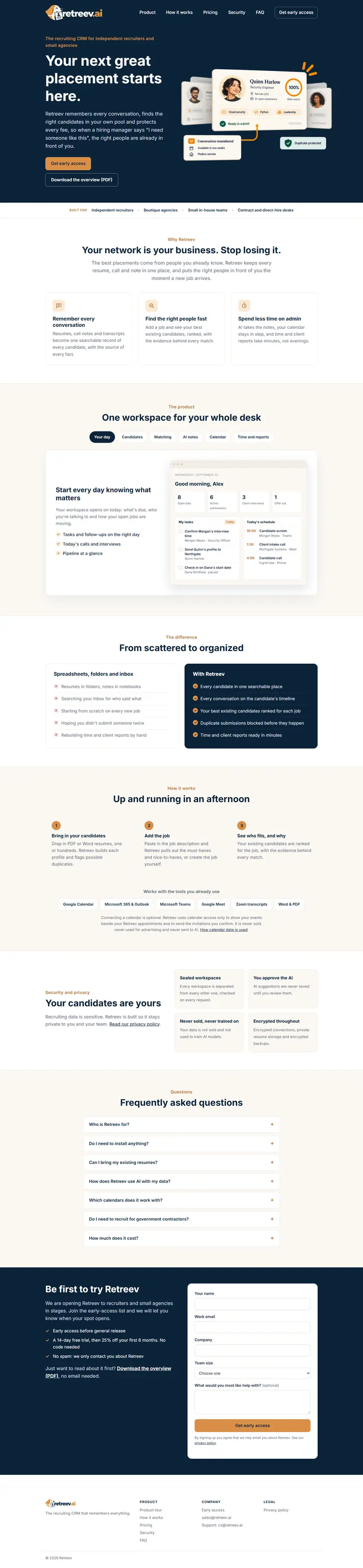 The full Retreev.ai homepage, from the navy “Your next great placement starts here” hero through the product tour, how it works, security and early-access sign-up.